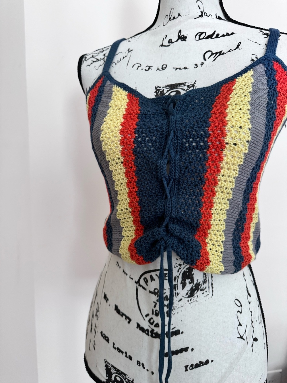 Crochet Lace-Up Striped Top - blue orange & Yellow
